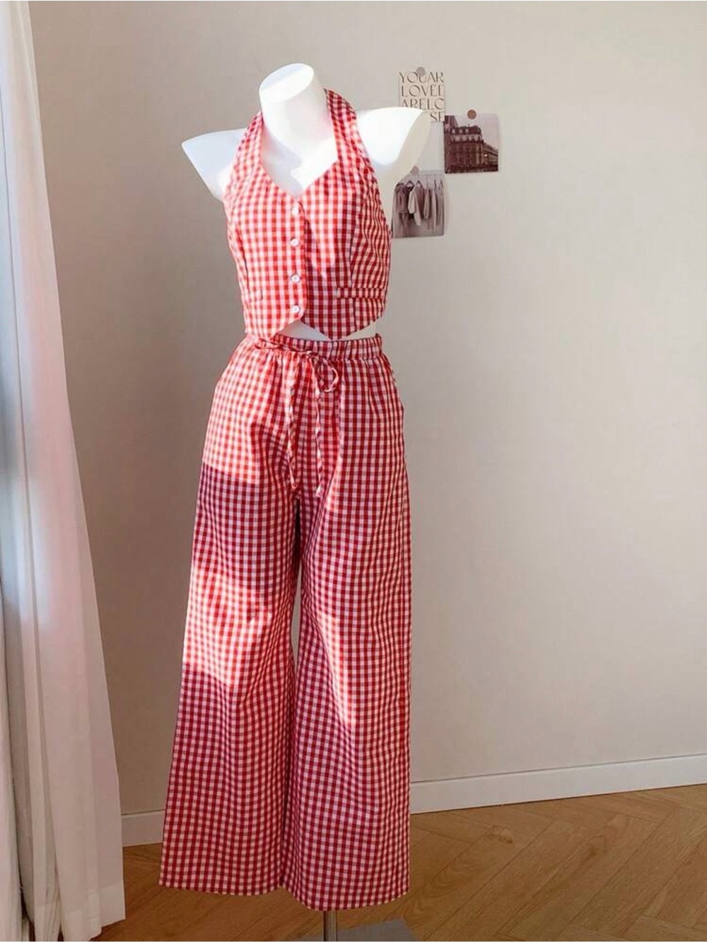 Red Gingham Wide-Leg Pants Set - Casual Summer Style